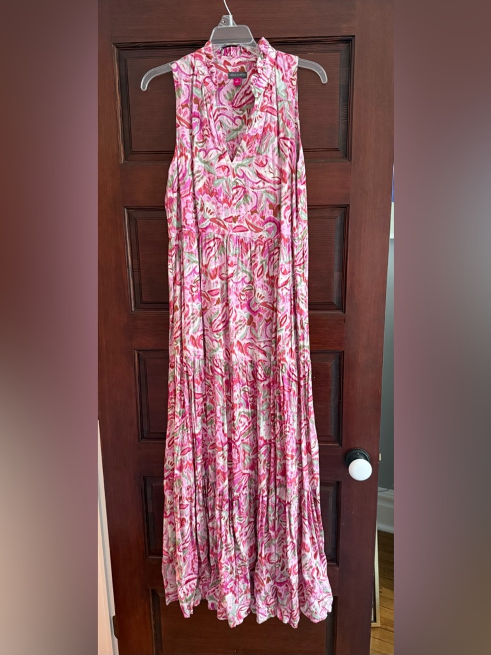Vince Camuto Pink Floral Tiered Maxi Skirt with Green Accents